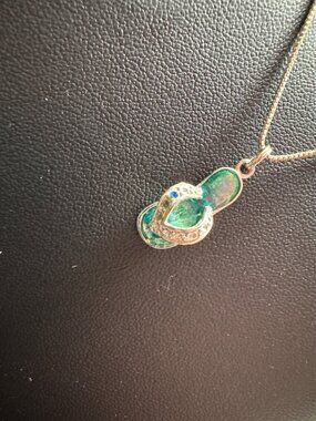 Sterling Swavorski Silver Flip-Flop Necklace With Green Enamel & Crystal Accents